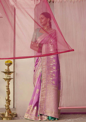 LAVENDER DOLA SILK SAREE WITH GREEN GOLDEN EMBROIDERED BLOUSE - Kimora.in