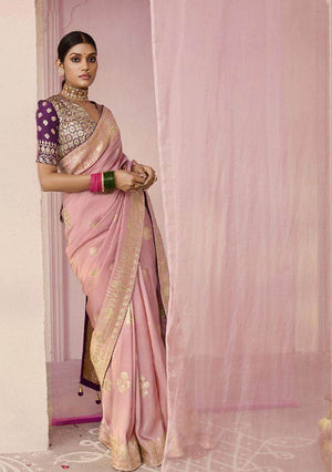 PEACH DOLA SILK SAREE WITH WINE GOLDEN EMBROIDERED BLOUSE - Kimora.in