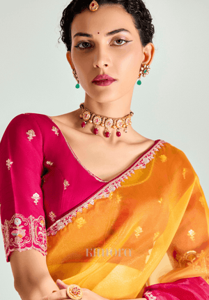 Noor Uday Organza Tissue Saree In Red And Yellow