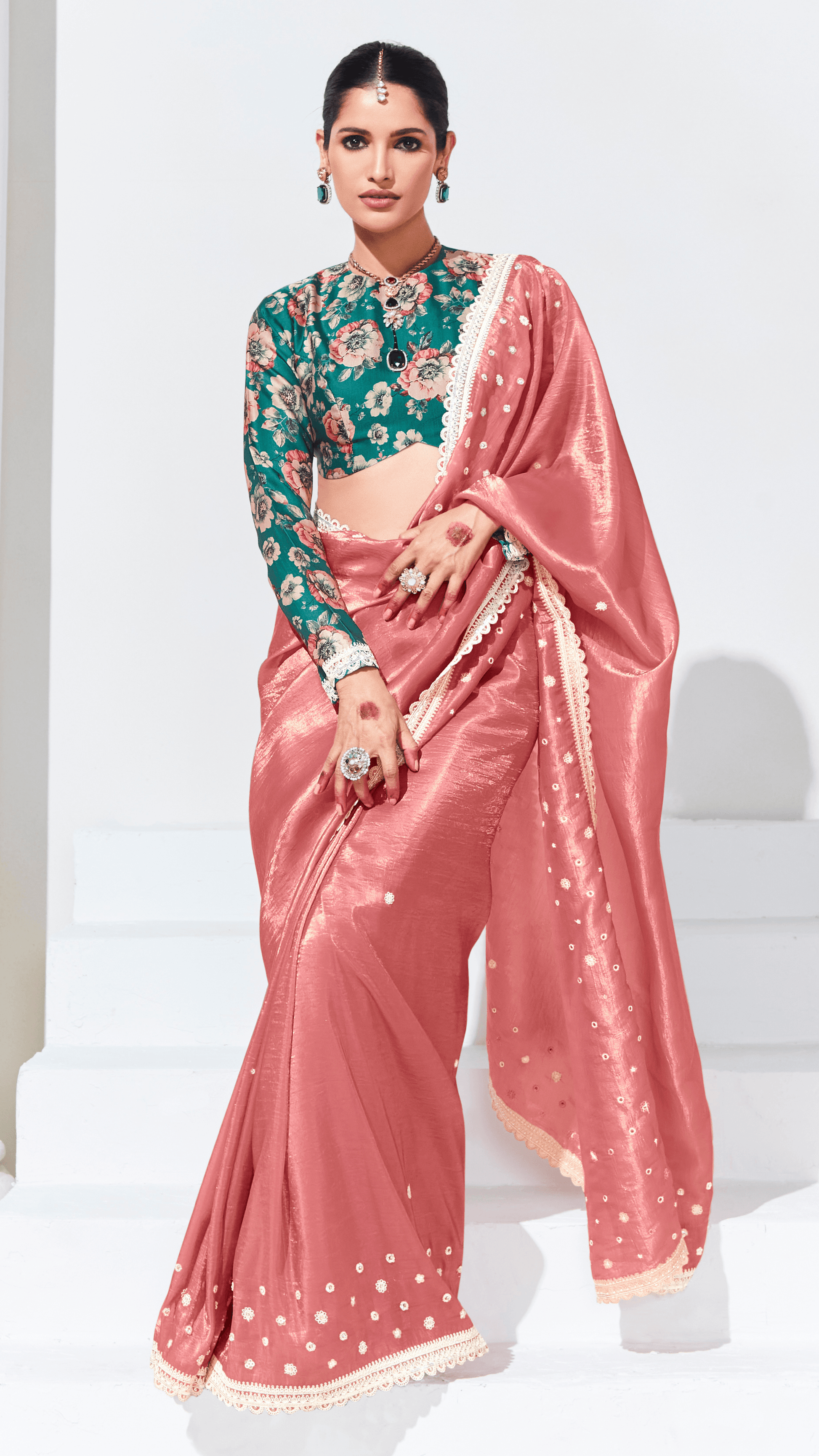 PINK SAREE WITH GREEN FLORAL BLOUSE – A GRACEFUL ETHNIC ENSEMBLE - Kimora.in