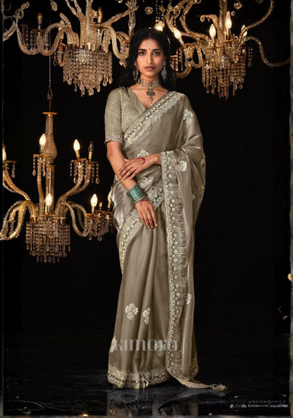 Saanjh Premium Tissue Saree In Olive Grey