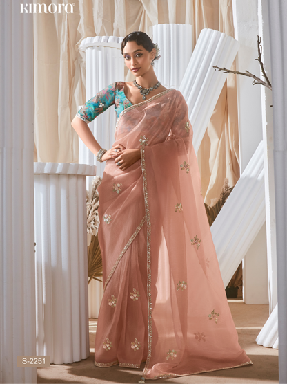Peach Designer Organza Saree: Effortless Elegance for Every Occasion