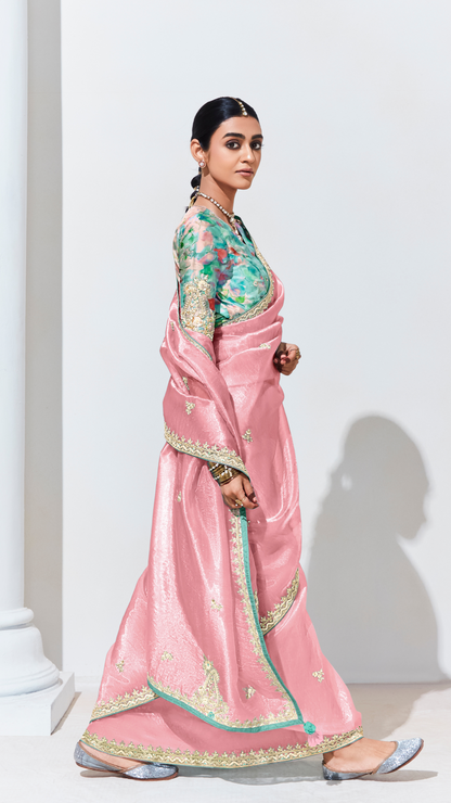 Peach Elegance – Pure Silk Saree with Crushed Texture & Multicolor Green Silk Blouse