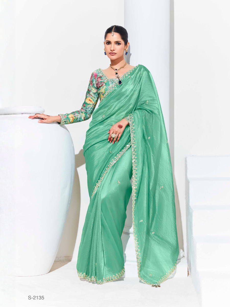 Falhari Tissue Silk Saree In Green