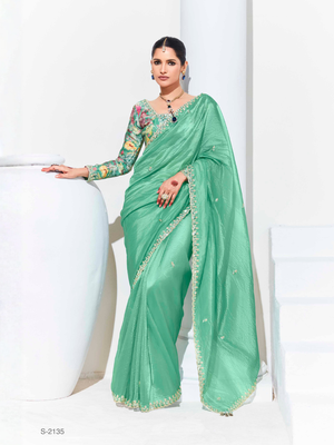 Green Silk Saree With Floral Blouse
