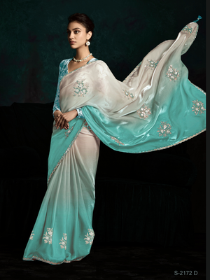 Teal Silk Saree with Embroidery Work & Printed Blouse