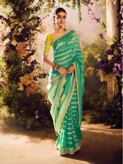 Green Saree with Yellow Blouse and Zari Border