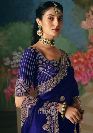 Neel Tissue Silk Heavy Work Saree In Blue