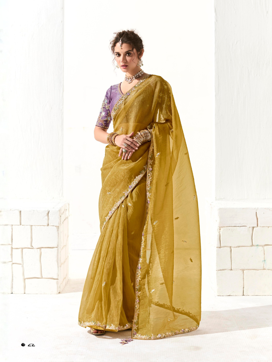 Floral Blossom Organza Saree In Yellow