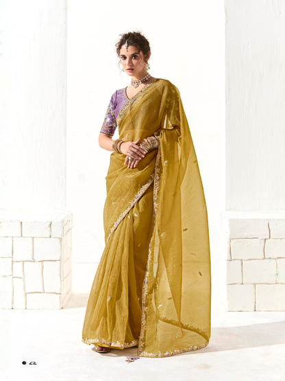 Mustard Tissue Silk Saree with Sequin Embellishments & Purple Embroidered Blouse