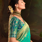 Teal Green Pure Silk Saree With Rich Golden Border & Designer Weaving Blouse