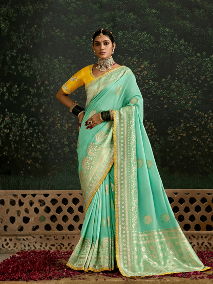 Sea Green Banarasi Saree With Golden Zari Work
