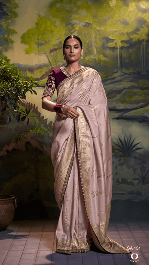 ROSE PINK PURE DOLA SILK FLORAL SAREE - Kimora.in