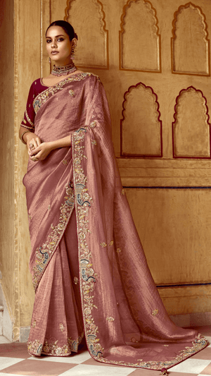 DUSTY ROSE DESIGNER TISSUE SILK SAREE - Kimora.in