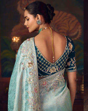 Premium Ice Blue Embroidered Silk Saree – Designer Wedding & Festive Wear