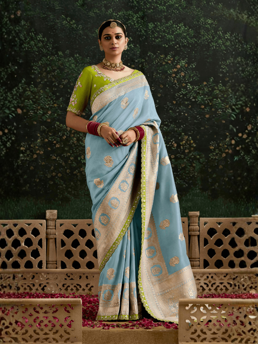 Neel Pushp Dola Silk Saree in Aqua blue