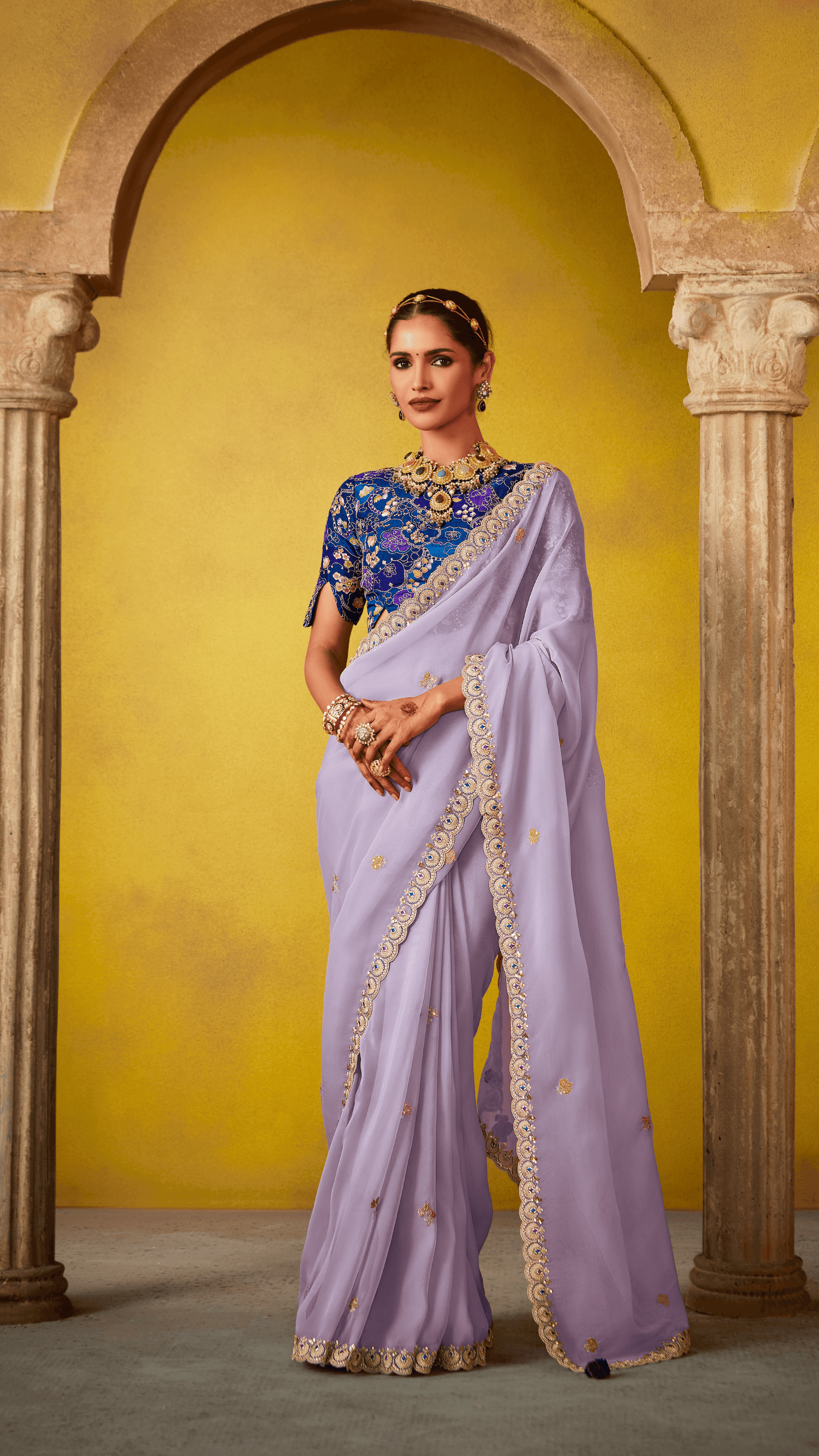 ETHEREAL ELEGANCE: PURPLE SILK SAREE WITH EMBROIDERED BLOUSE - Kimora.in