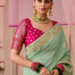 SEA GREEN DOLA SILK SAREE WITH RED GOLDEN EMBROIDERED BLOUSE