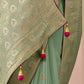 SEA GREEN DOLA SILK SAREE WITH RED GOLDEN EMBROIDERED BLOUSE