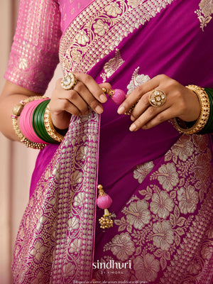 PURPLE DOLA SILK SAREE WITH PINK GOLDEN EMBROIDERED BLOUSE