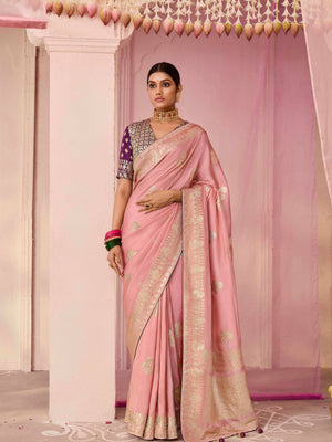 PEACH DOLA SILK SAREE WITH WINE GOLDEN EMBROIDERED BLOUSE