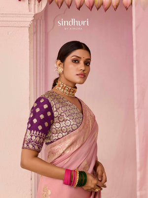 PEACH DOLA SILK SAREE WITH WINE GOLDEN EMBROIDERED BLOUSE