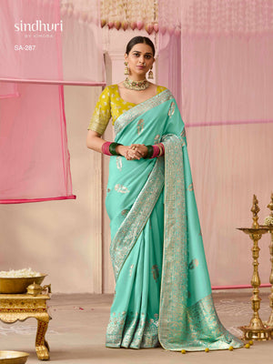 SEA GREEN DOLA SILK SAREE WITH YELLOW GOLDEN EMBROIDERED BLOUSE