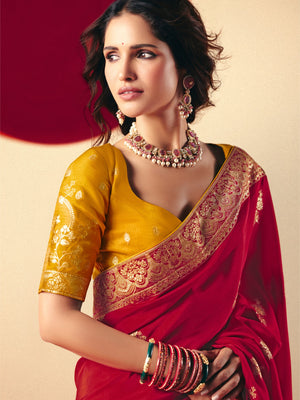 Karwa Chauth Special: Red Saree with Yellow Blouse