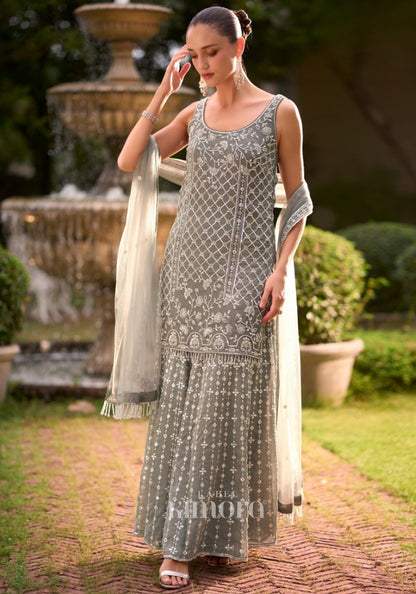Zarina Floral Embroidered Sharara Suit in Silver Grey