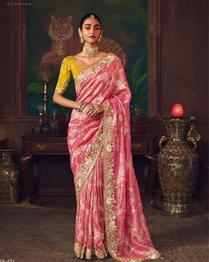 Rose Pink Silk Saree with Hand Embroidery