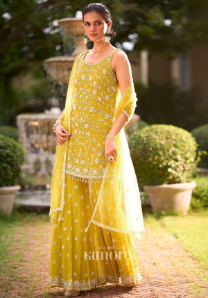 Zivae Chiffon Elegant embroidered Sharara Set in Yellow