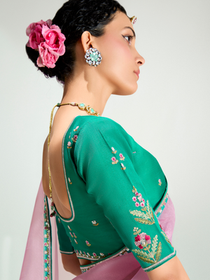 Gulbagh Tissue Silk Saree In Light Green And Soft Pink