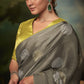 Elegant Grey Silk Saree with Diamond Work and Contrast Yellow Blouse – Party & Festive Wear