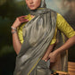 Elegant Grey Silk Saree with Diamond Work and Contrast Yellow Blouse – Party & Festive Wear