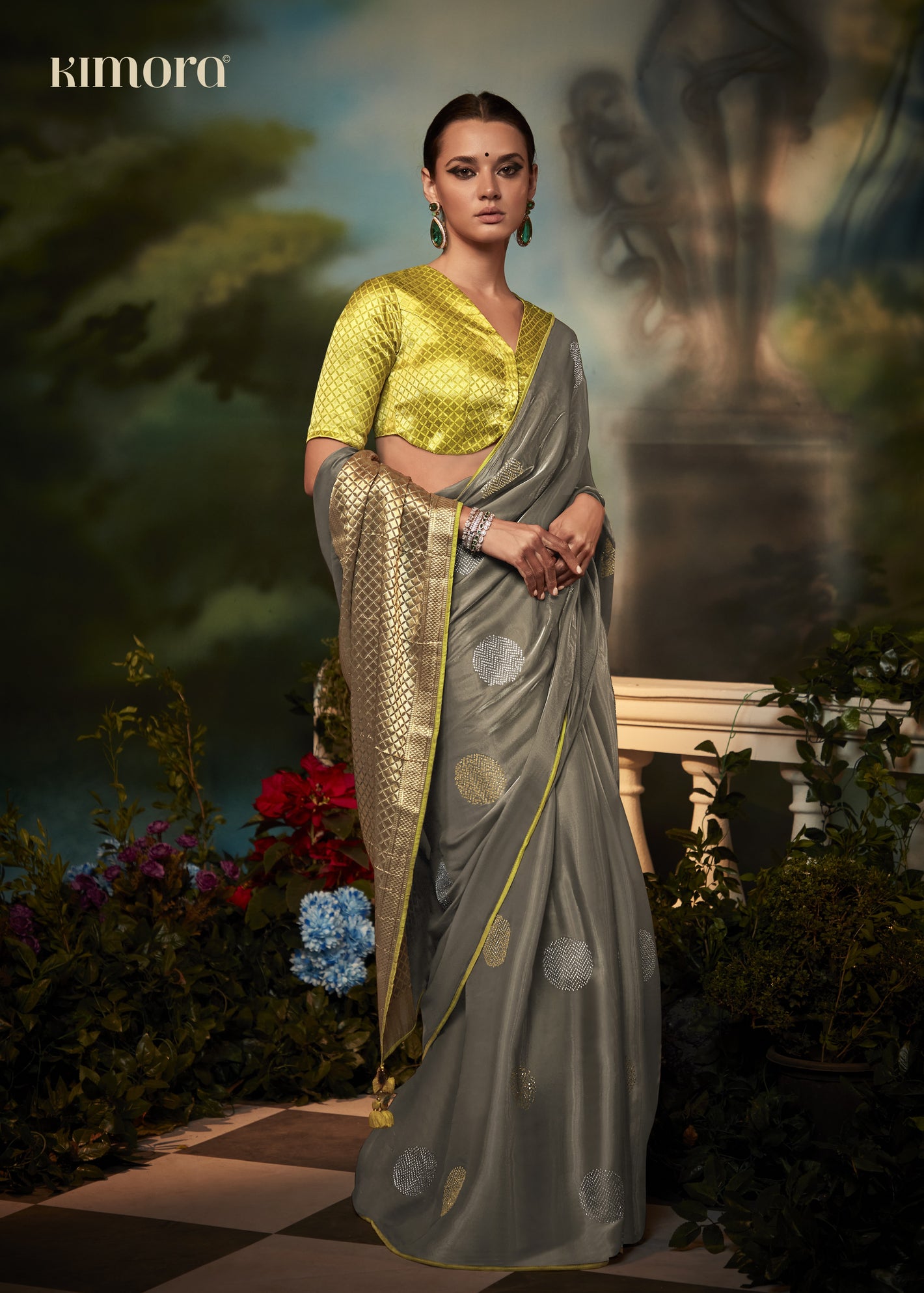 Elegant Grey Silk Saree with Diamond Work and Contrast Yellow Blouse – Party & Festive Wear