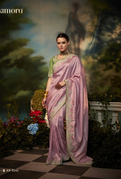Pink Silk Saree with Contrasting Green Blouse