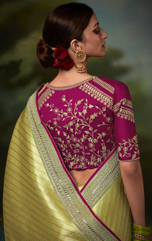 Elegant Lime Green Pure Silk Saree with Magenta Embroidered Blouse