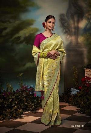 Elegant Lime Green Pure Silk Saree with Magenta Embroidered Blouse