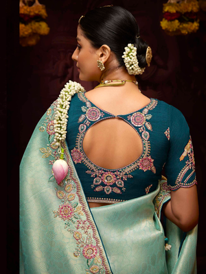 Sea Green Banarasi Silk Saree With Teal Blouse