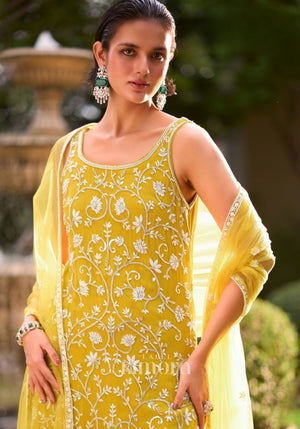 Zivae Chiffon Elegant embroidered Sharara Set in Yellow