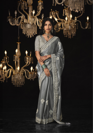 Graceful Grey Kanjivaram Silk Saree with Intricate Silver Embroidery