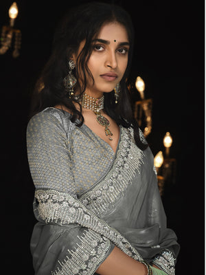 GRACEFUL GREY SILK SAREE WITH INTRICATE SILVER EMBROIDERY