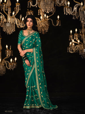 DEEP GREEN SAREE WITH SILVER EMBROIDERY