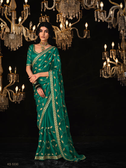 DEEP GREEN SAREE WITH SILVER EMBROIDERY