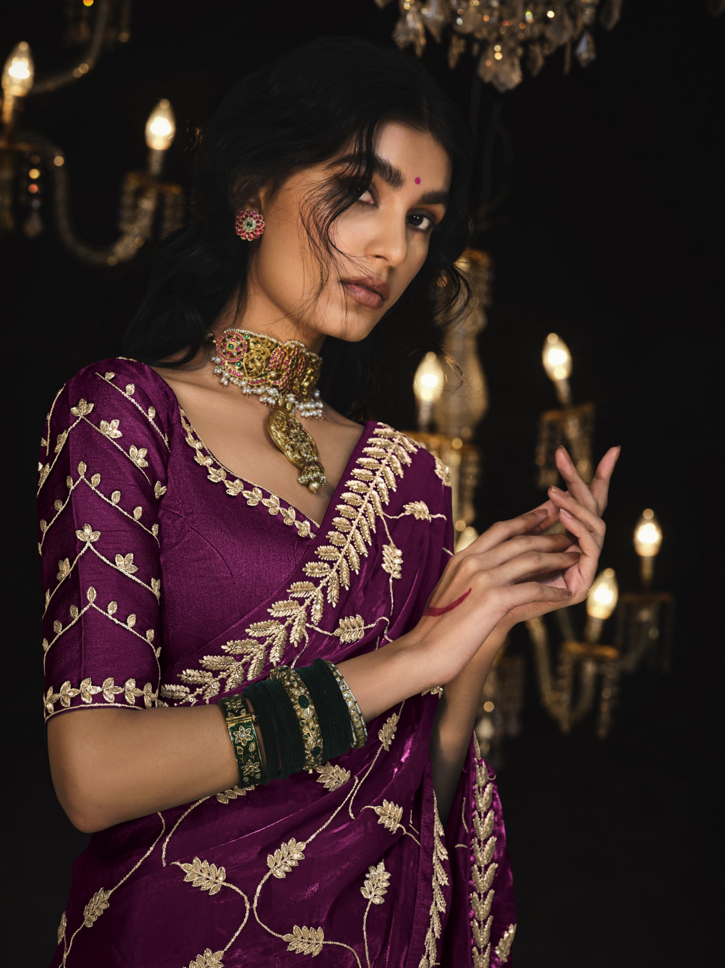 Royal Purple Saree with Gold Embroidery - Kimora