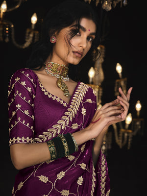 REGAL DREAMS IN VIOLET-Wine Silk Saree with Gold Embroidery