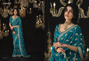 Teal Blue Saree with Exquisite Gold Embroidery