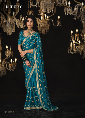 Teal Blue Saree with Exquisite Gold Embroidery