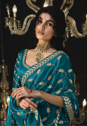 Teal Blue Saree with Exquisite Gold Embroidery