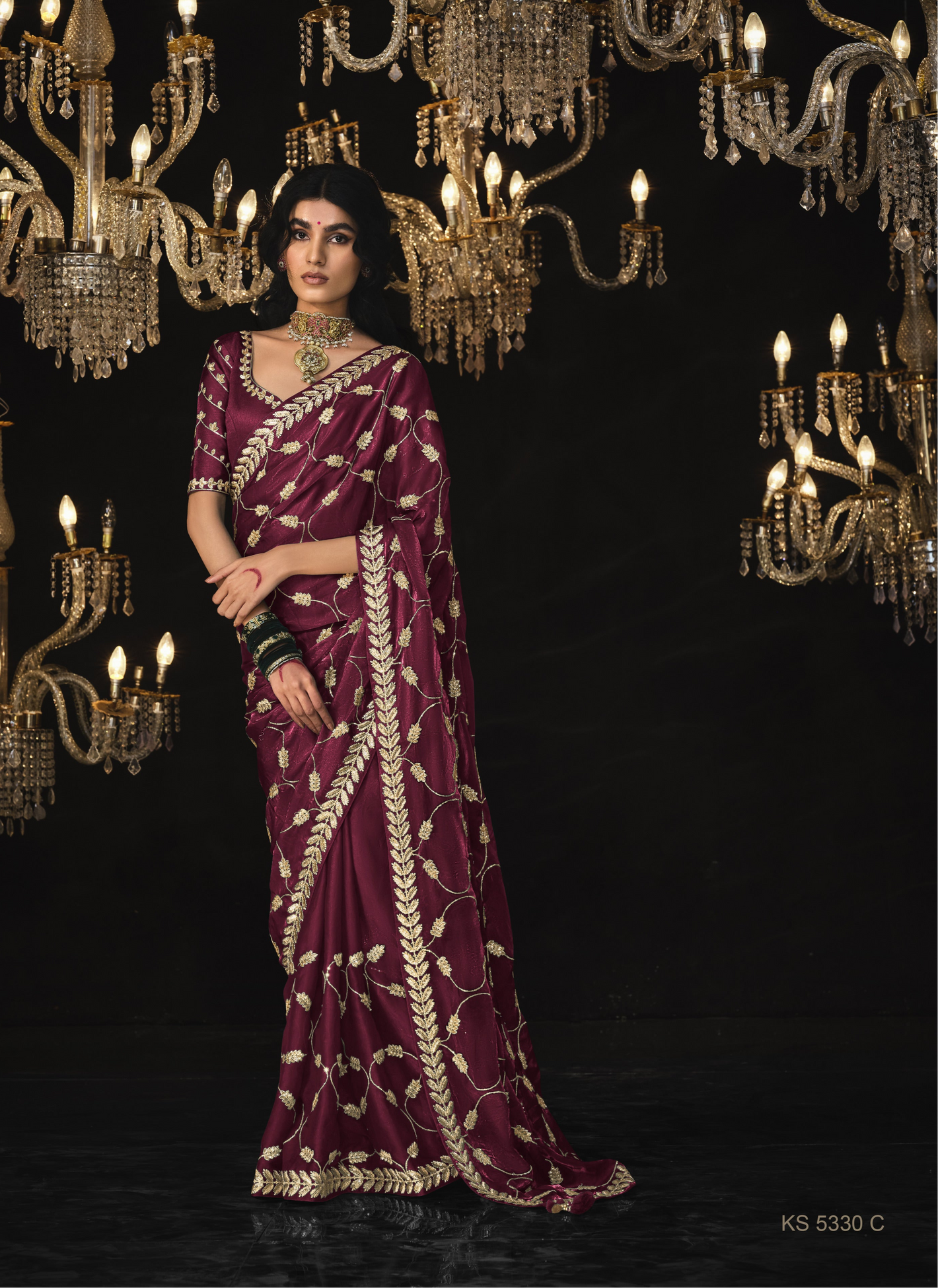 MAROON SAREE WITH LUXURIOUS GOLD EMBROIDERY - KIMORA'S ROYAL COLLECTION